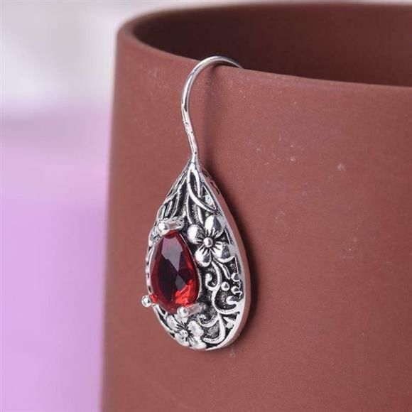Women's Earring Artificial Red Ruby Drop Earrings 925 Silver Plated Boho Style - Picture 2 of 6
